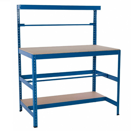 Blue Packing Bench With Chipboard Shelves, 2x Reel Bars - Up To 300kg UDL