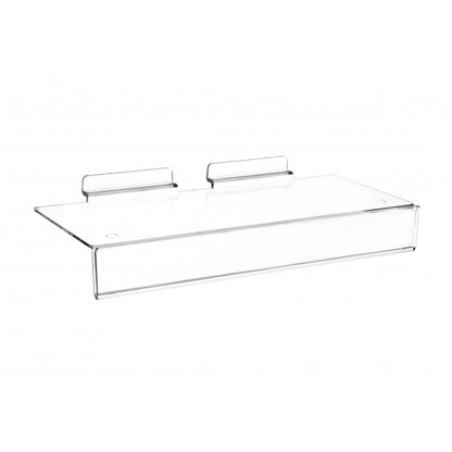 Clear Acrylic Slatwall Shelf with 25mm Ticket Holder - W250 x D100mm