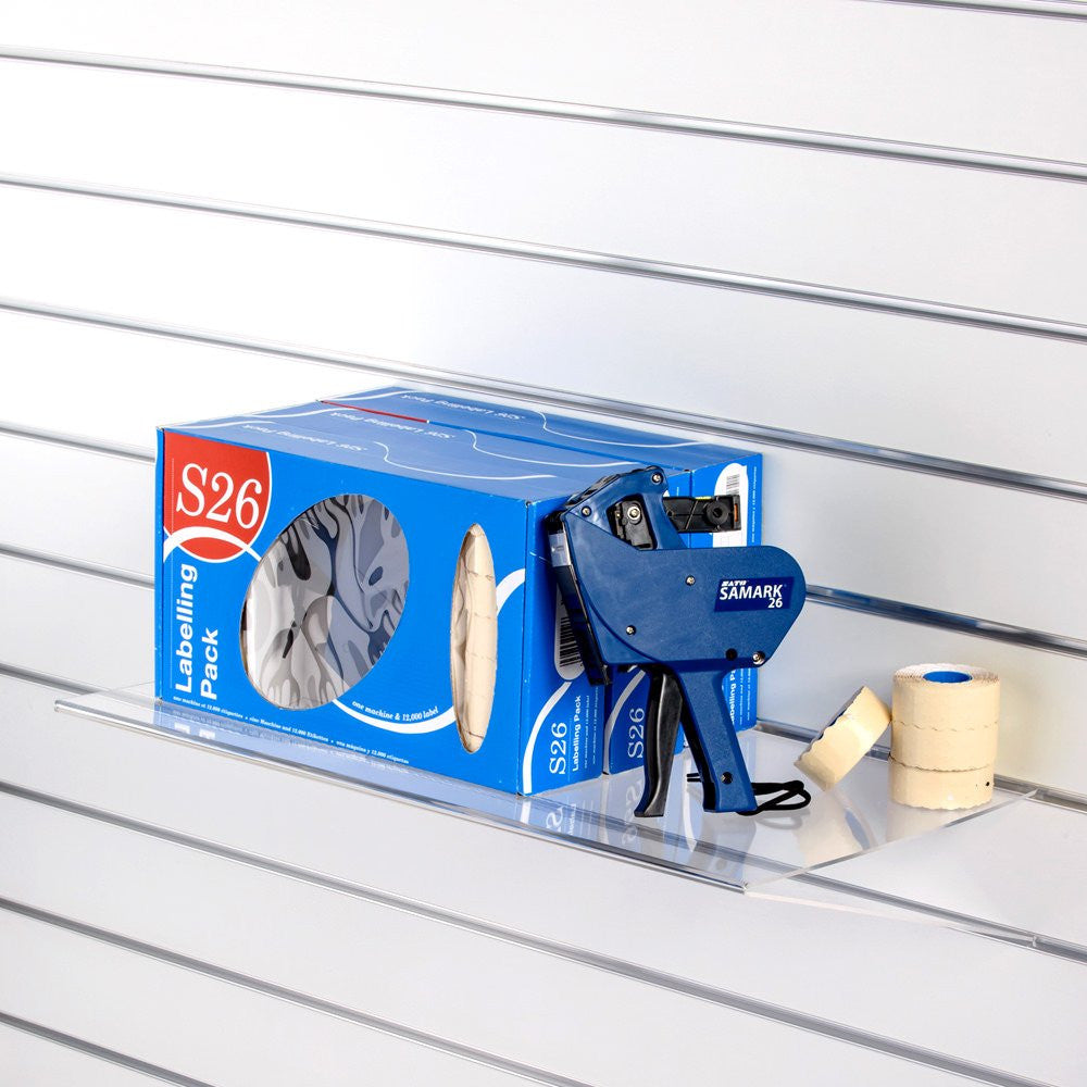 Clear Acrylic Slatwall Shelf with Bottom Support - W600 x D300mm