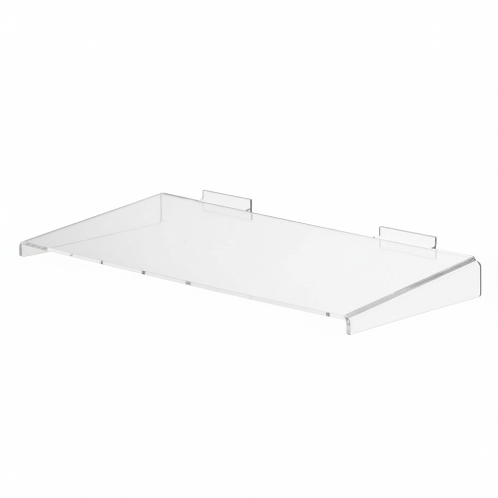 Clear Acrylic Slatwall Shelf with Side Supports - W600 x D200mm
