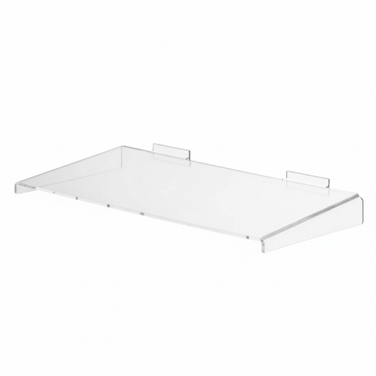 Clear Acrylic Slatwall Shelf with Side Supports - W600 x D200mm