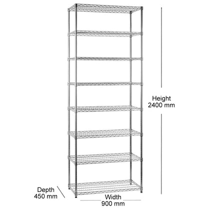 8 Tier Heavy Duty Chrome Wire Shelving Unit - H2400 x W900 x D450mm