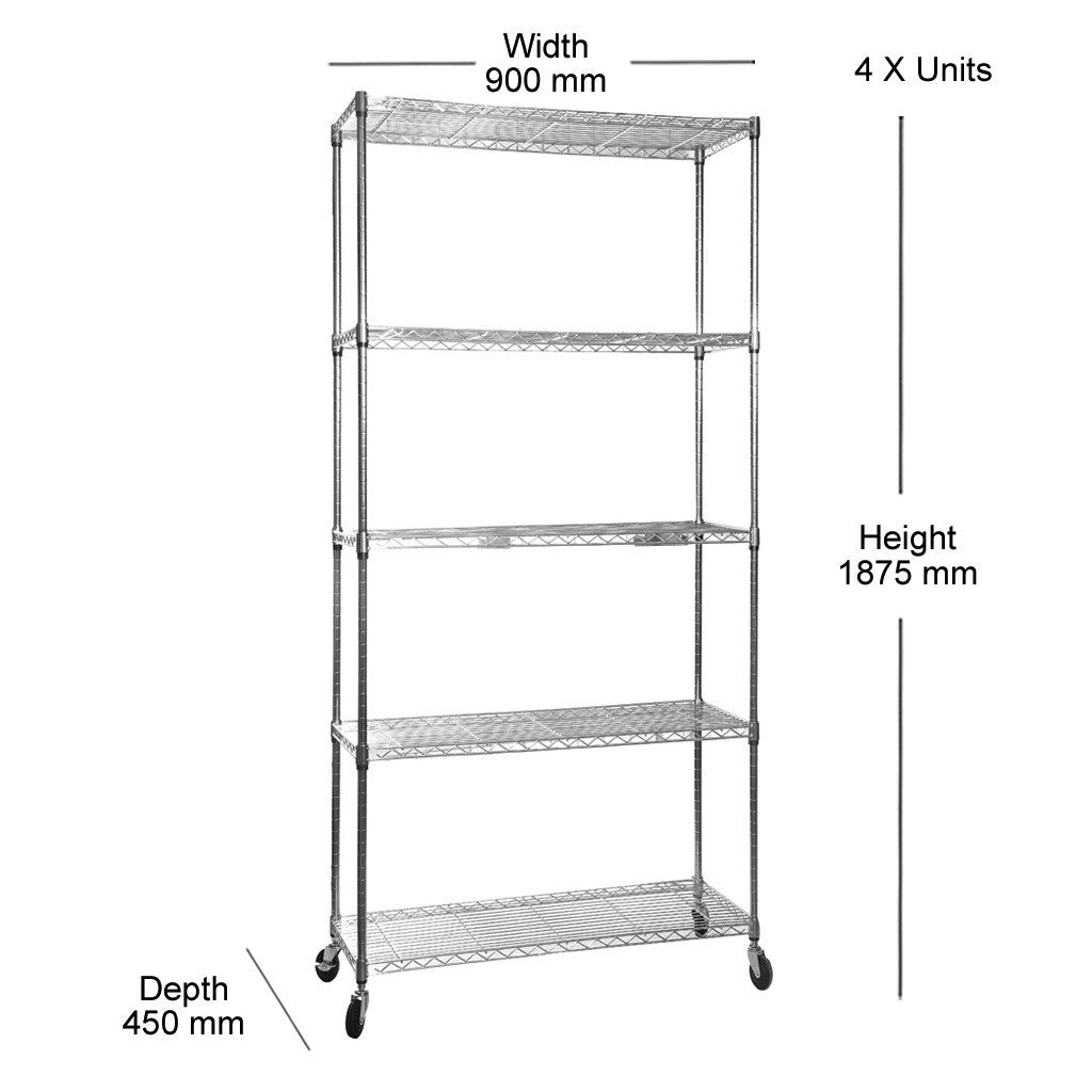 4 x 5 Tier Chrome Wire Shelving Units with Wheels - H1875 x D450mm