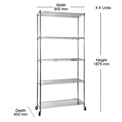 4 x 5 Tier Chrome Wire Shelving Units with Wheels - H1875 x D450mm