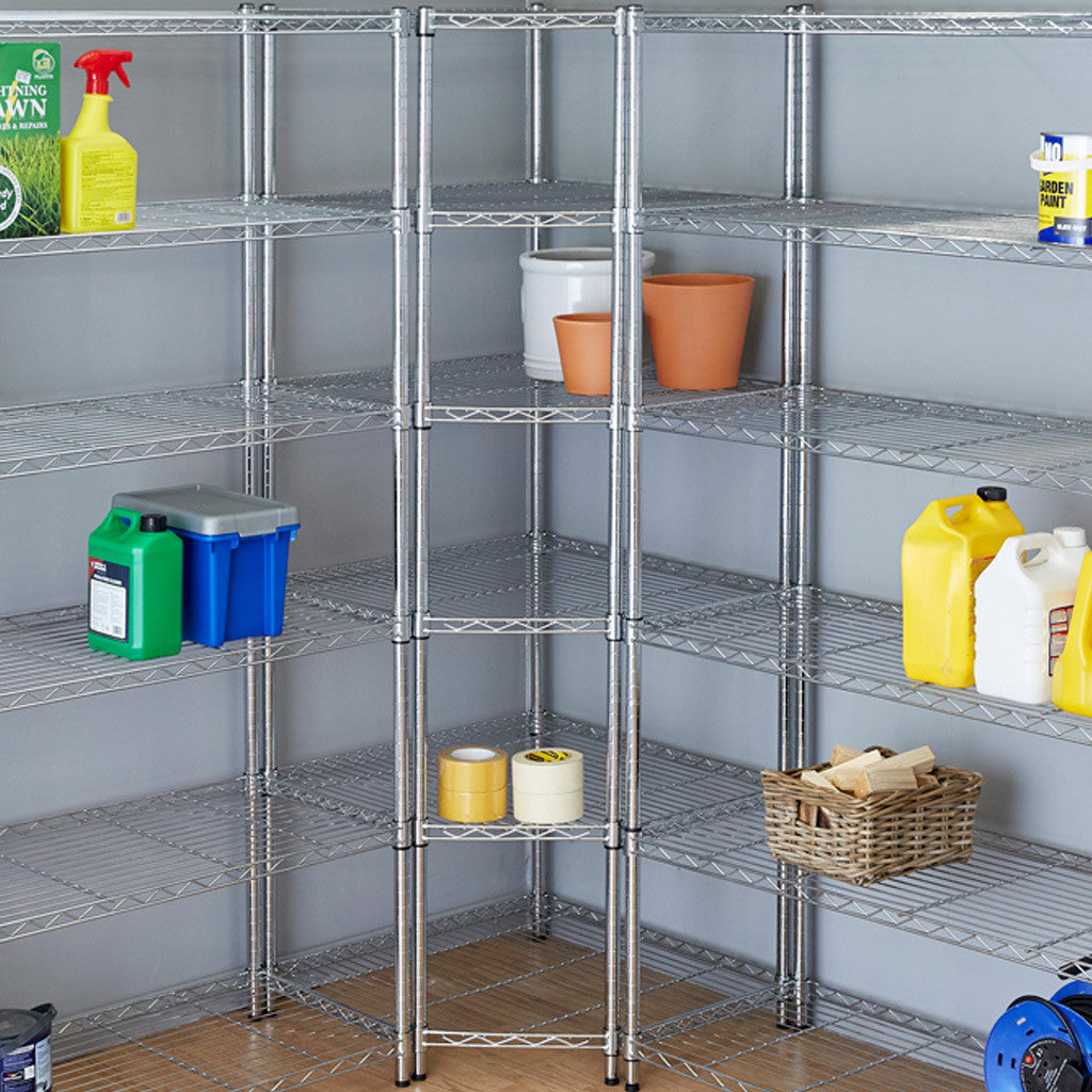 4 Tier Chrome Wire Shelving Corner Unit - H1800 x W680 x D450mm