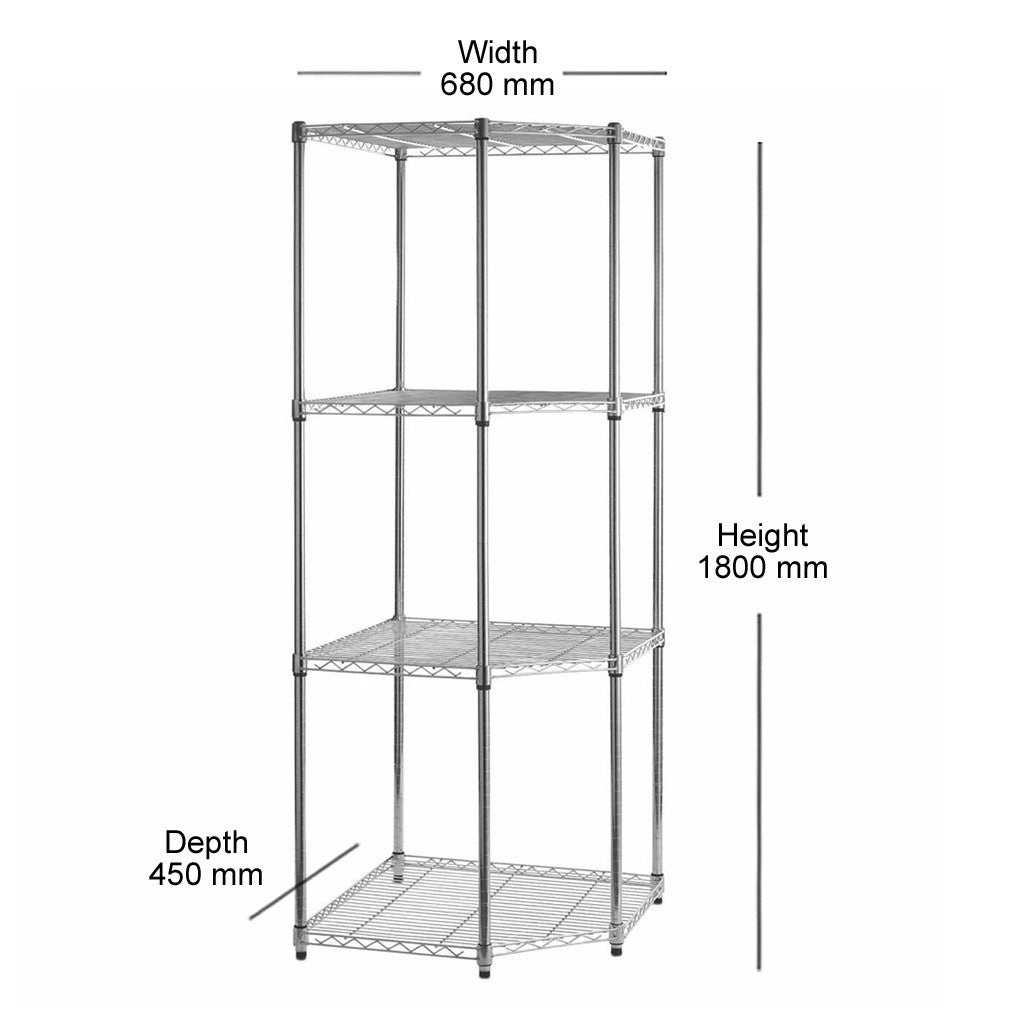 4 Tier Chrome Wire Shelving Corner Unit - H1800 x W680 x D450mm