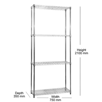 4 Tier Narrow Chrome Wire Shelving Unit - W750 x D350mm