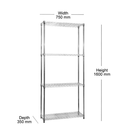 4 Tier Narrow Chrome Wire Shelving Unit - W750 x D350mm
