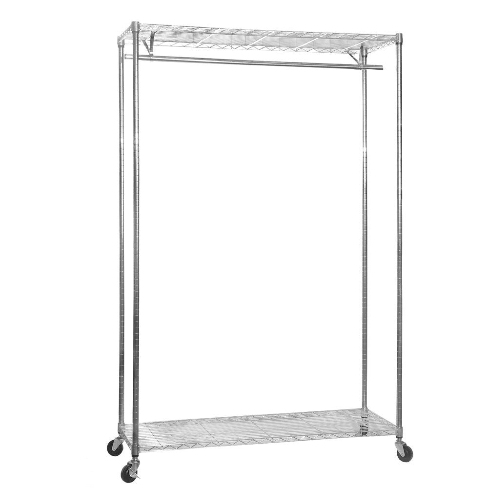 Chrome Wire Clothes Rack with Wheels - 1 x Rail & 2 x Shelves - H1875 x D450mm