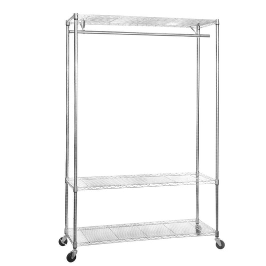 Chrome Wire Clothes Rack with Wheels - 1 x Rail & 3 x Shelves - H1875 x D450mm