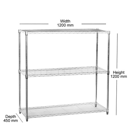 3 Tier Chrome Wire Shelving Unit - H1200mm