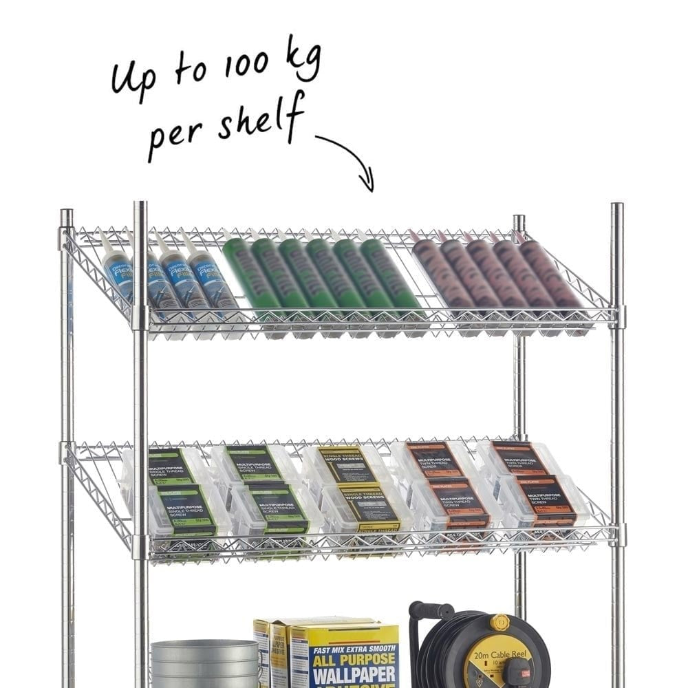 3 Tier Chrome Wire Shelving Unit with Slanted Shelves - H1200 x D450mm