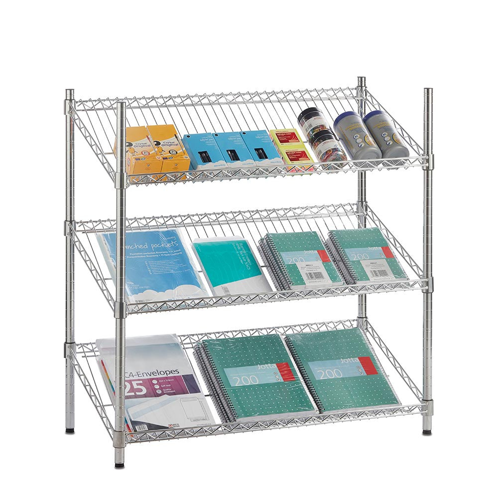 3 Tier Chrome Wire Shelving Unit with Slanted Shelves - H1200 x D450mm