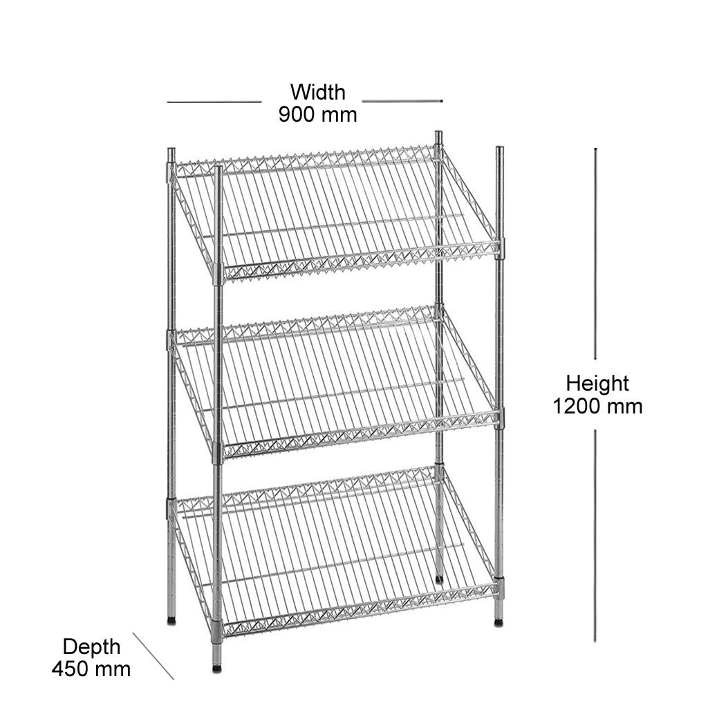 3 Tier Chrome Wire Shelving Unit with Slanted Shelves - H1200 x D450mm