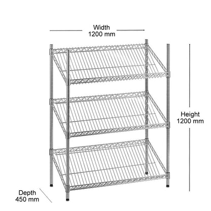 3 Tier Chrome Wire Shelving Unit with Slanted Shelves - H1200 x D450mm