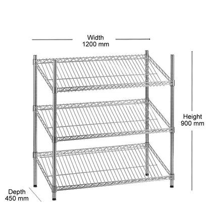 3 Tier Chrome Wire Shelving Unit with Slanted Shelves - H900 x D450mm