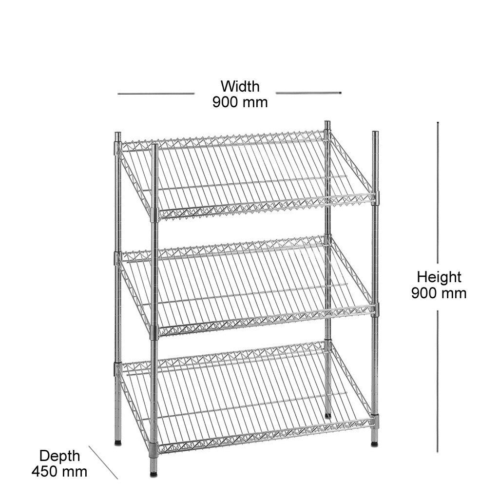 3 Tier Chrome Wire Shelving Unit with Slanted Shelves - H900 x D450mm