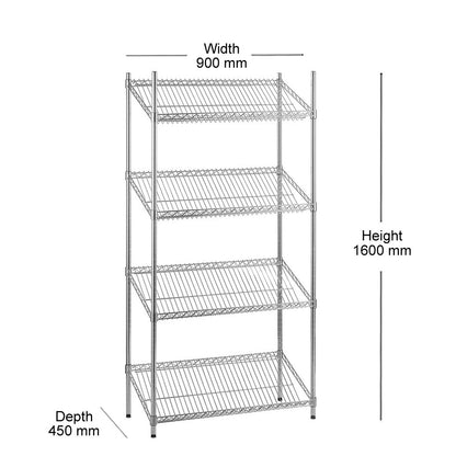 4 Tier Chrome Wire Shelving Unit with Slanted Shelves - H1600 x D450mm