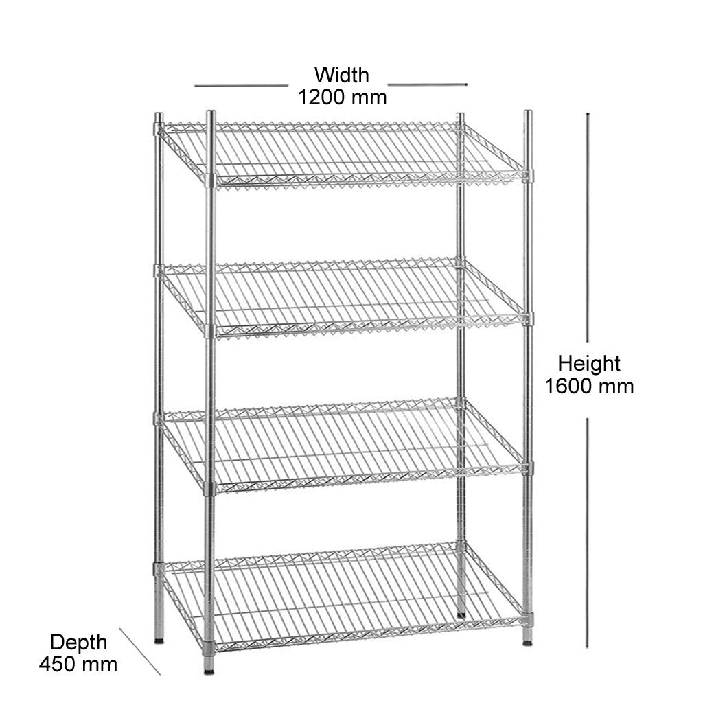 4 Tier Chrome Wire Shelving Unit with Slanted Shelves - H1600 x D450mm