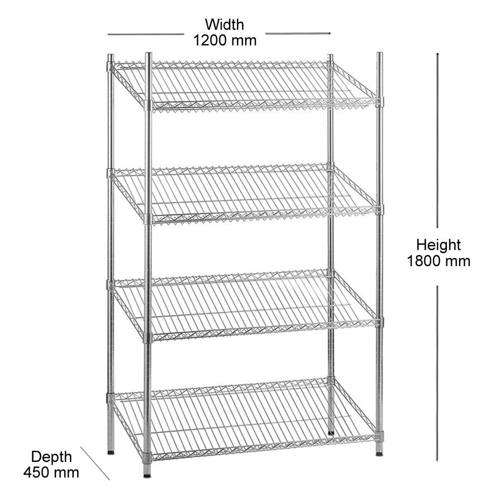 4 Tier Chrome Wire Shelving Unit with Slanted Shelves - H1800 x D450mm