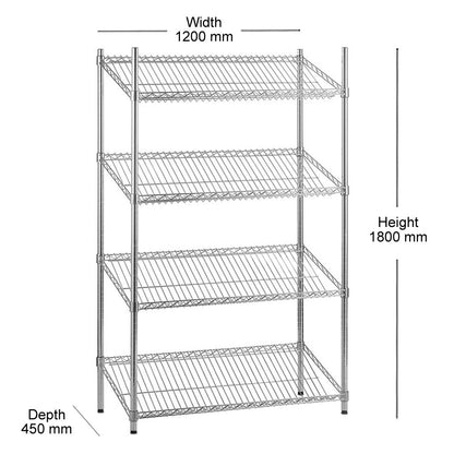 4 Tier Chrome Wire Shelving Unit with Slanted Shelves - H1800 x D450mm