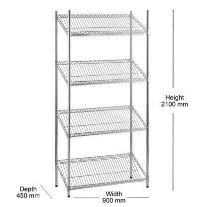 4 Tier Chrome Wire Shelving Unit with Slanted Shelves - H2100 x D450mm