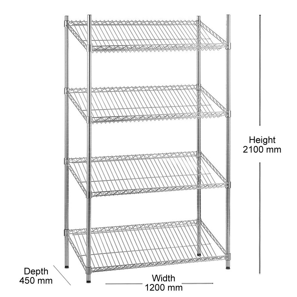 4 Tier Chrome Wire Shelving Unit with Slanted Shelves - H2100 x D450mm