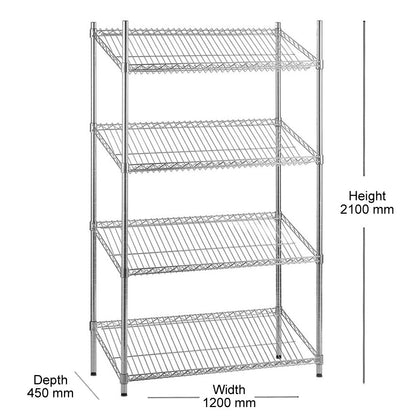 4 Tier Chrome Wire Shelving Unit with Slanted Shelves - H2100 x D450mm