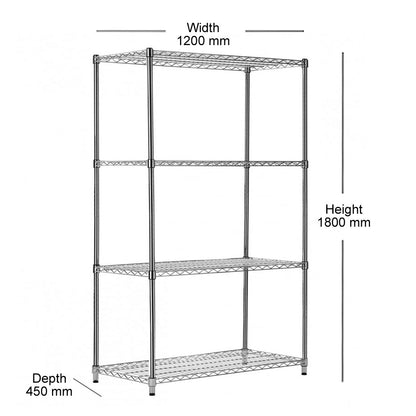 4 Tier Heavy Duty Chrome Wire Shelving Unit - H1800 x D450mm