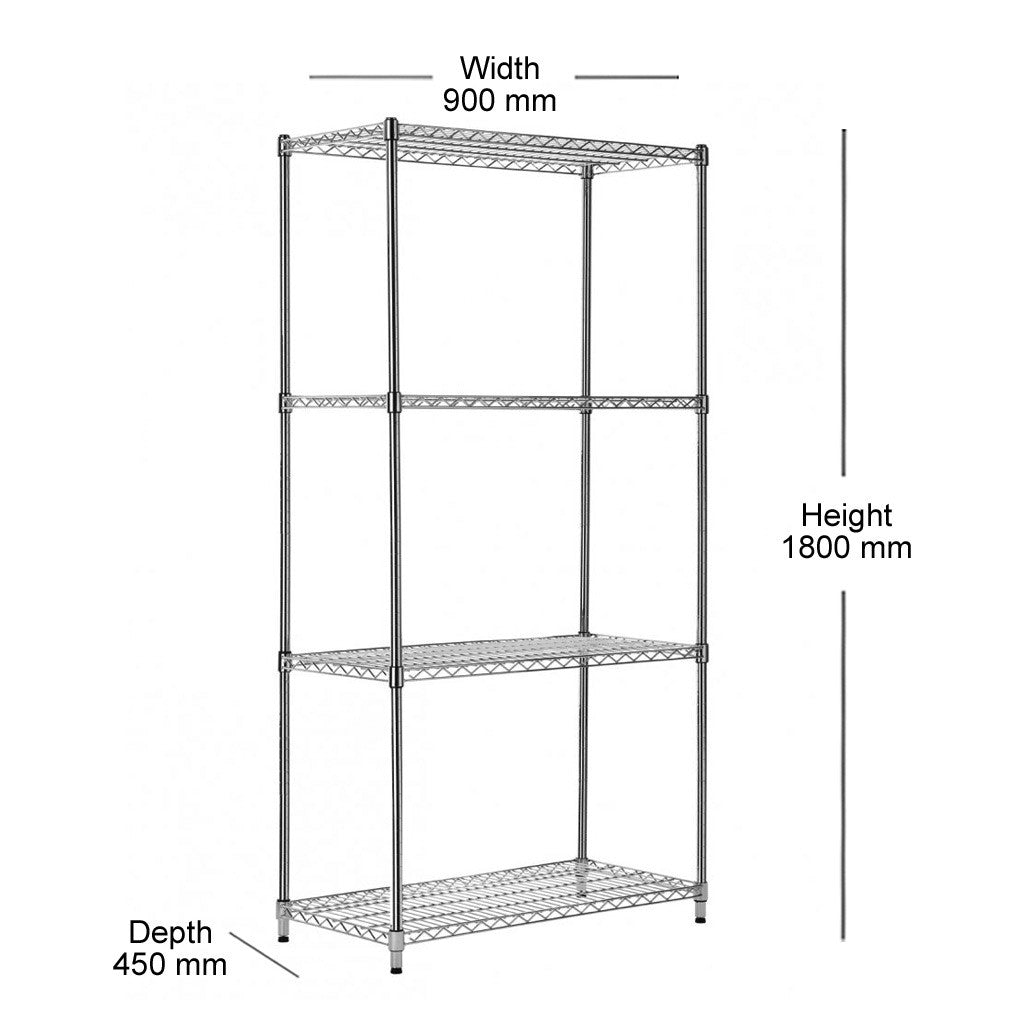 4 Tier Heavy Duty Chrome Wire Shelving Unit - H1800 x D450mm