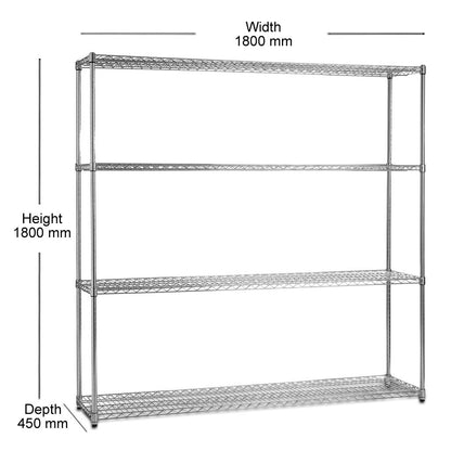 4 Tier Heavy Duty Chrome Wire Shelving Unit - H1800 x D450mm