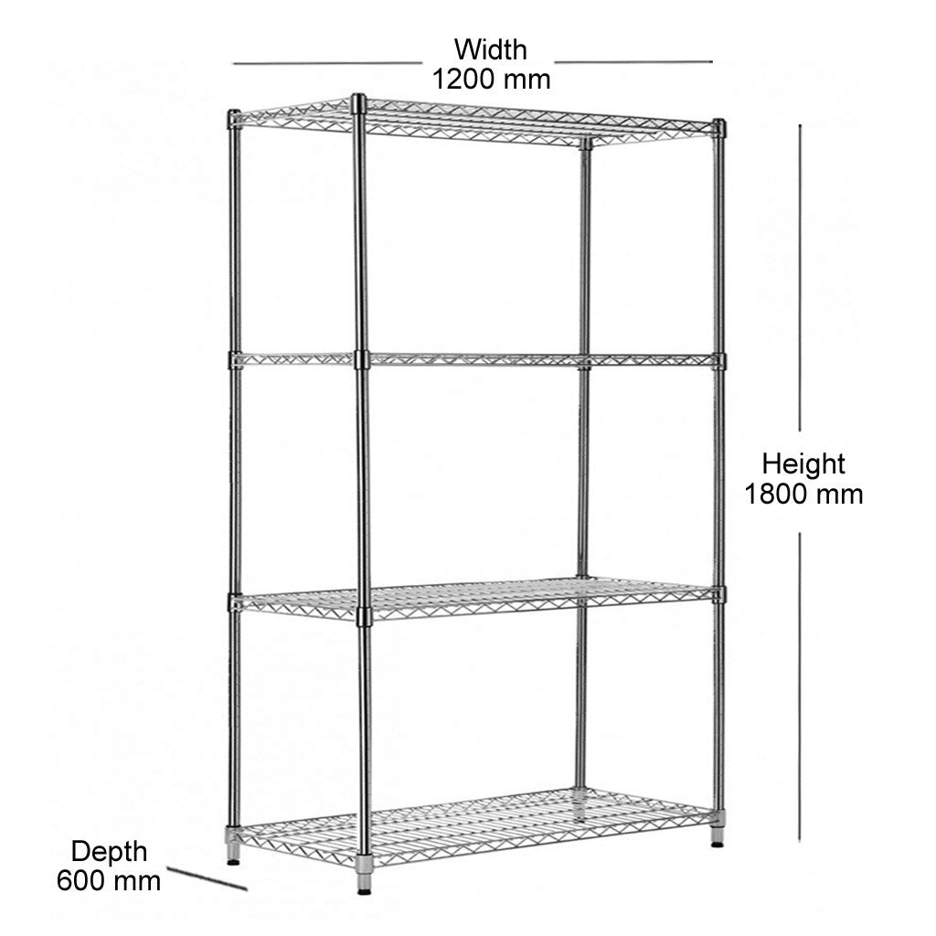 4 Tier Heavy Duty Chrome Wire Shelving Unit - H1800 x D600mm