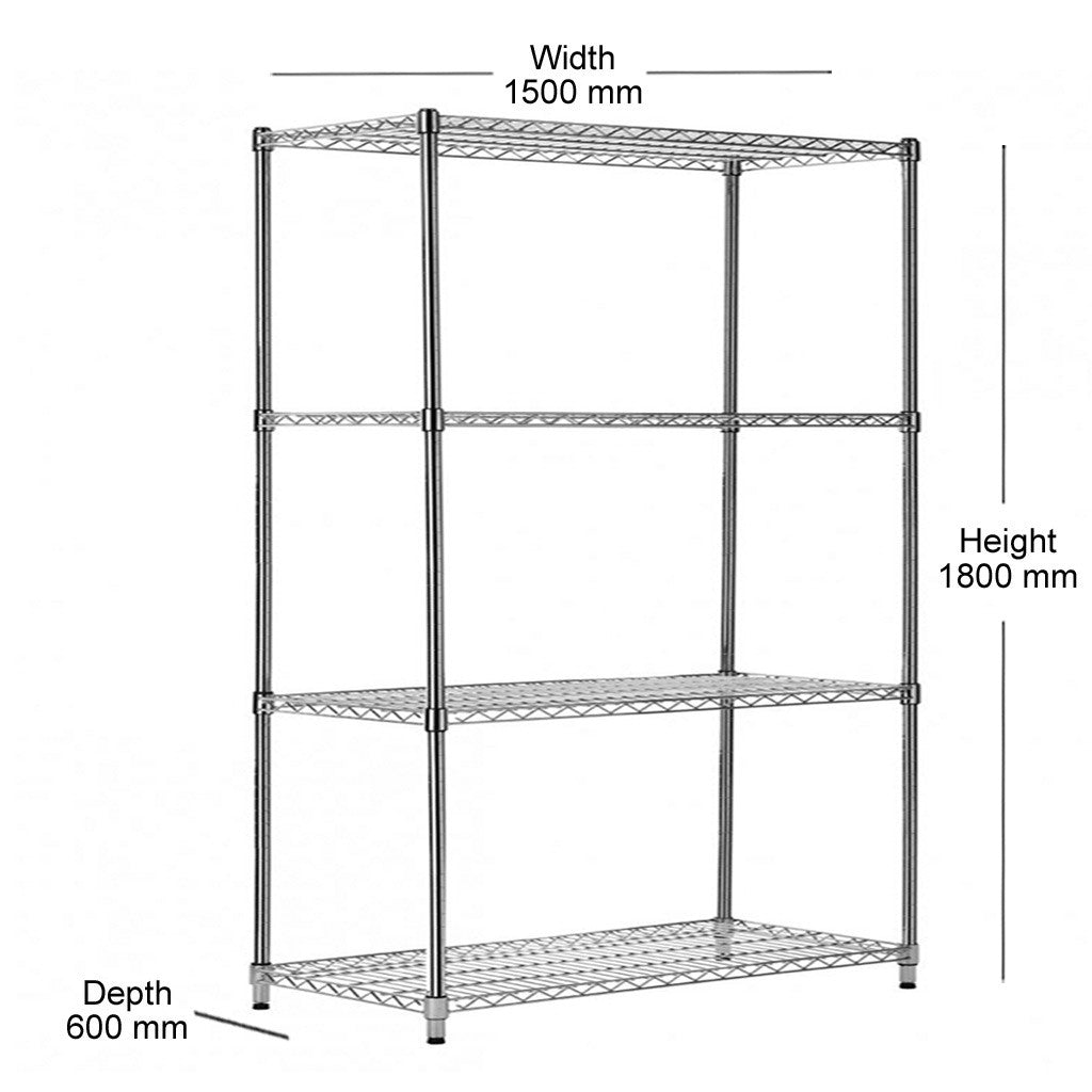 4 Tier Heavy Duty Chrome Wire Shelving Unit - H1800 x D600mm