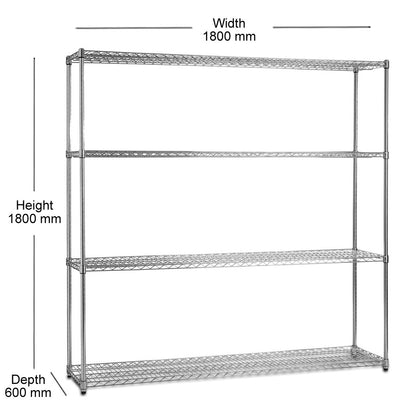 4 Tier Heavy Duty Chrome Wire Shelving Unit - H1800 x D600mm