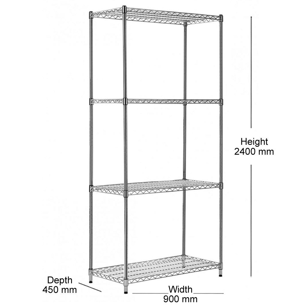 4 Tier Heavy Duty Chrome Wire Shelving Unit - H2400 x D450mm