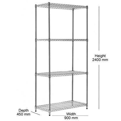 4 Tier Heavy Duty Chrome Wire Shelving Unit - H2400 x D450mm