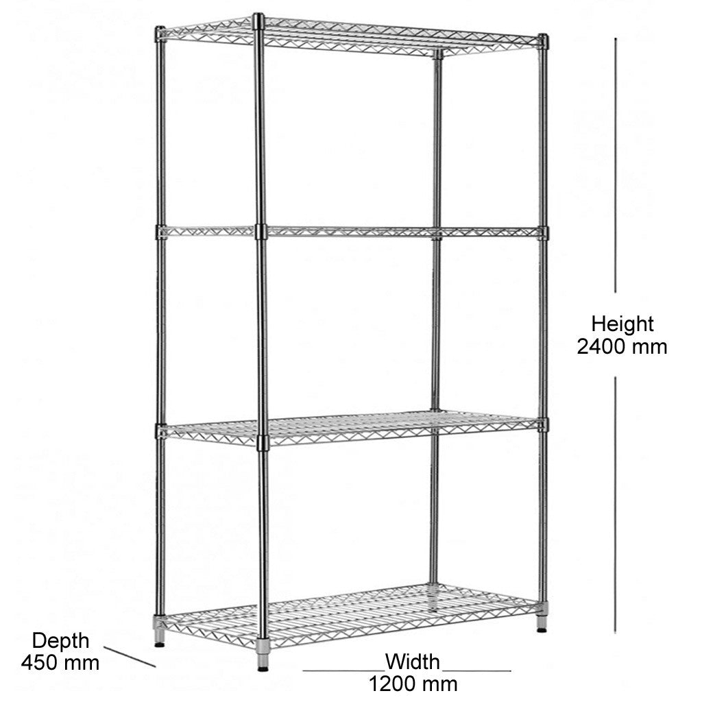 4 Tier Heavy Duty Chrome Wire Shelving Unit - H2400 x D450mm