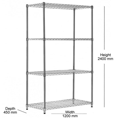 4 Tier Heavy Duty Chrome Wire Shelving Unit - H2400 x D450mm