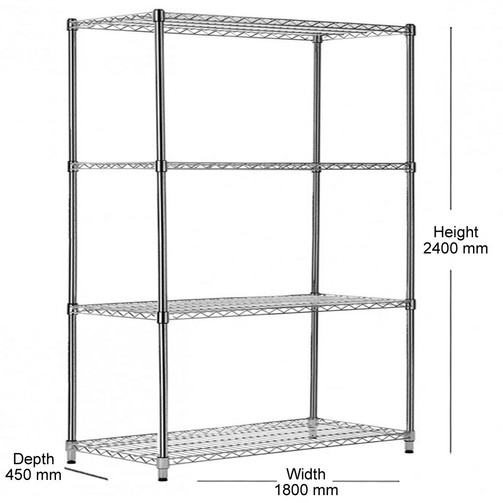 4 Tier Heavy Duty Chrome Wire Shelving Unit - H2400 x D450mm