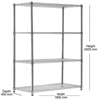 4 Tier Heavy Duty Chrome Wire Shelving Unit - H2400 x D450mm