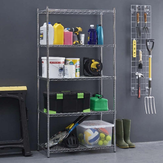 5 Tier Narrow Chrome Wire Shelving Unit - H1600 x D350mm