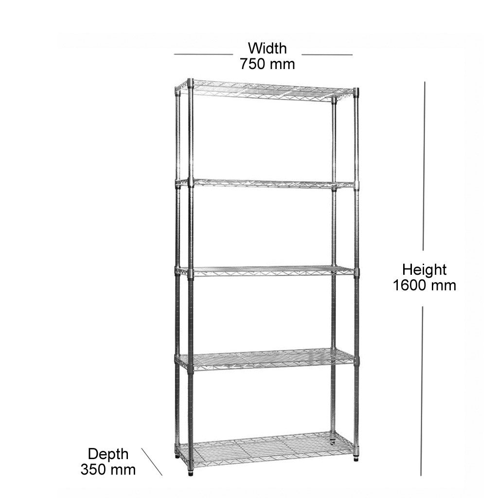 5 Tier Narrow Chrome Wire Shelving Unit - H1600 x D350mm