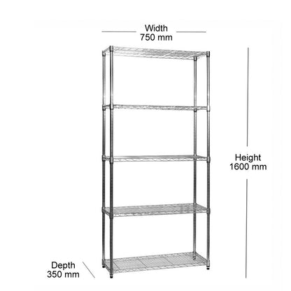 5 Tier Narrow Chrome Wire Shelving Unit - H1600 x D350mm