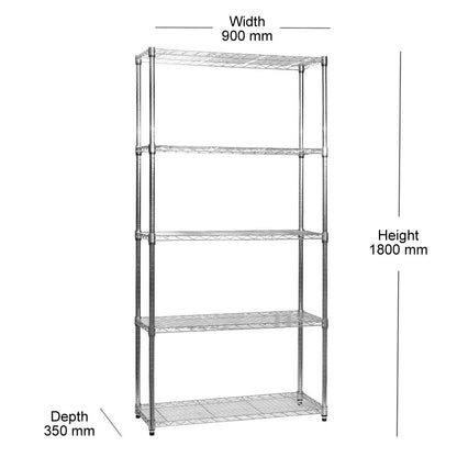 5 Tier Narrow Chrome Wire Shelving Unit - H1800 x D350mm