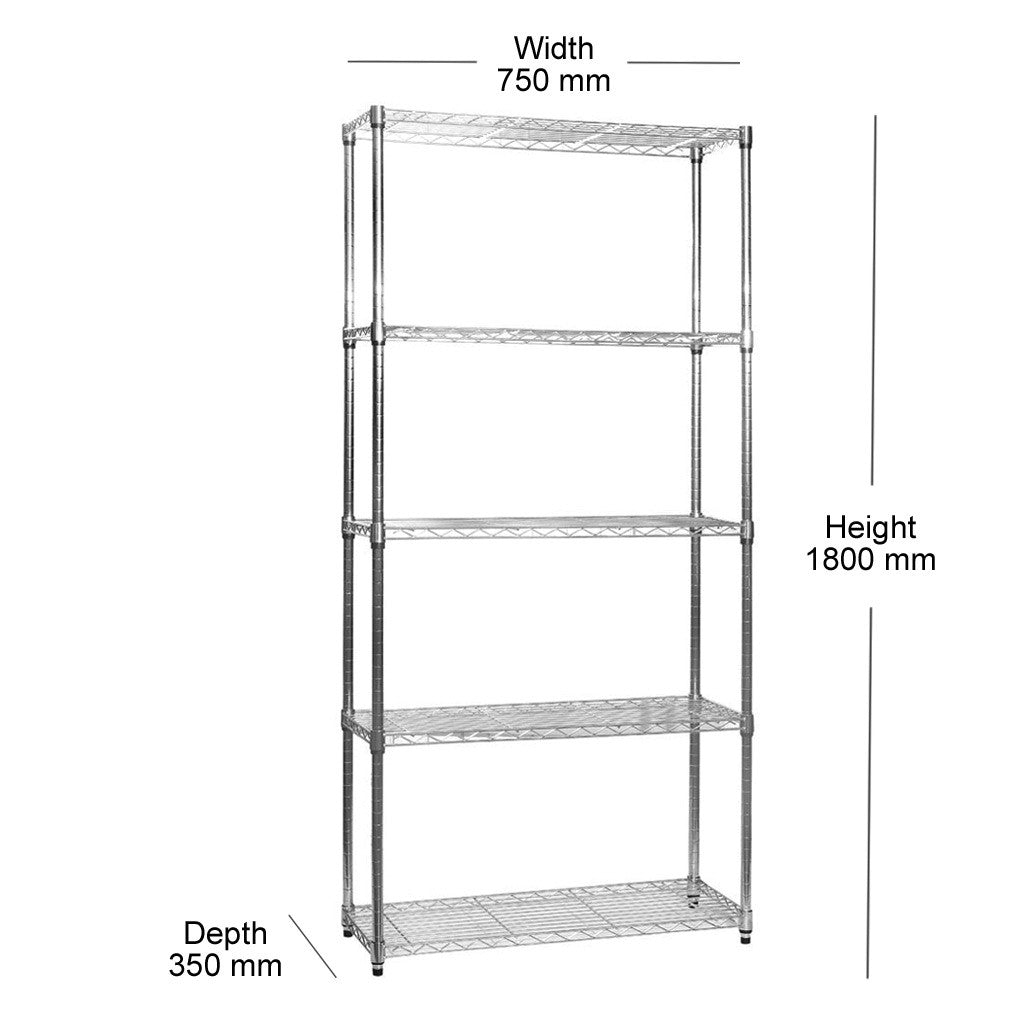 5 Tier Narrow Chrome Wire Shelving Unit - H1800 x D350mm