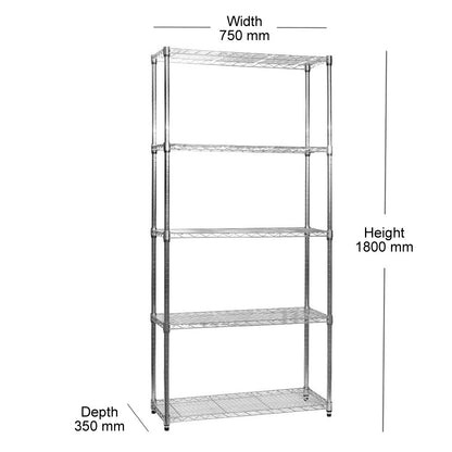 5 Tier Narrow Chrome Wire Shelving Unit - H1800 x D350mm