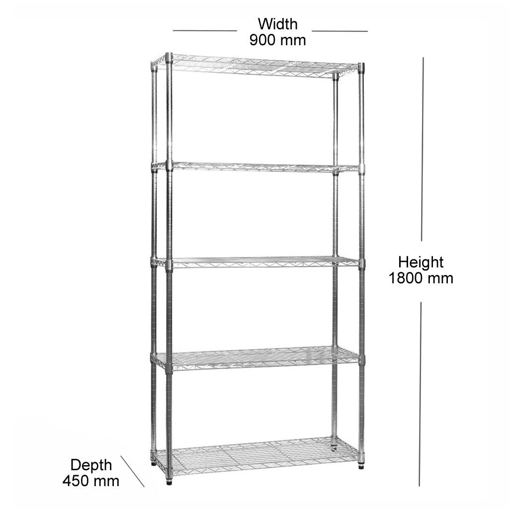 5 Tier Chrome Wire Shelving Unit - H1800 x W900 x D450mm