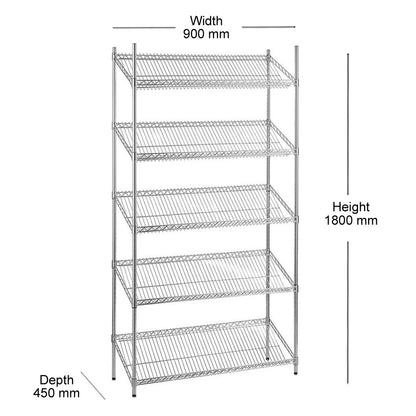5 Tier Chrome Wire Shelving Unit with Slanted Shelves - H1800 x D450mm