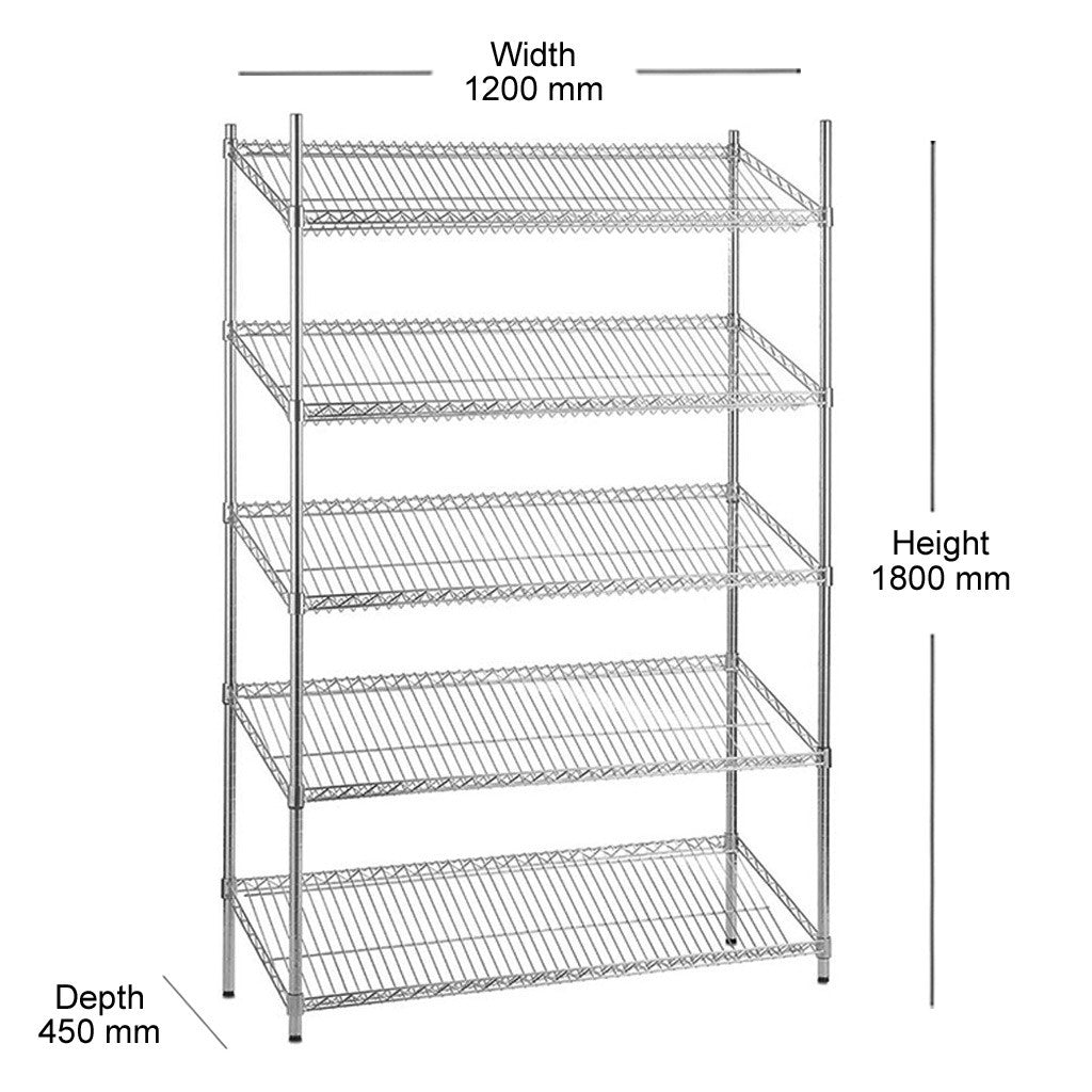 5 Tier Chrome Wire Shelving Unit with Slanted Shelves - H1800 x D450mm