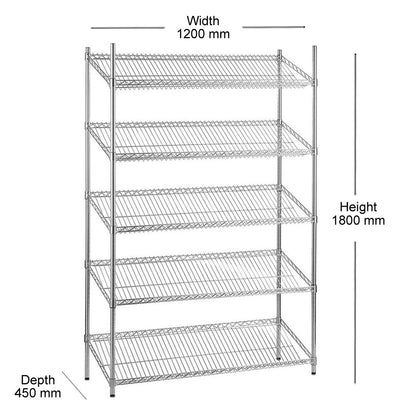 5 Tier Chrome Wire Shelving Unit with Slanted Shelves - H1800 x D450mm